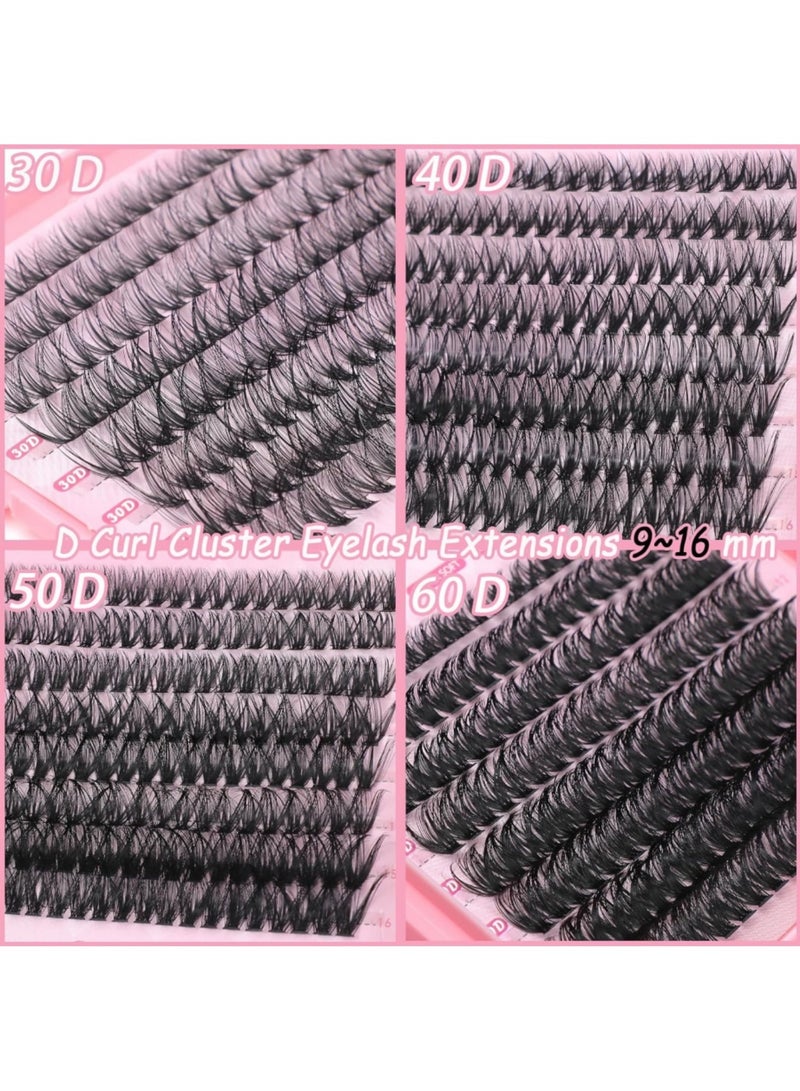 saykfoe Lash Clusters Kit, 640 Pcs Eyelashes Clusters Extensions Kit 9-16mm Individual Lashes D Curl Fluffy Wispy False Eyelashes Thin Band with Bond Seal Tweezers Brush DIY (30D+40D+50D+60D Kit 9-16mm) - Image 4